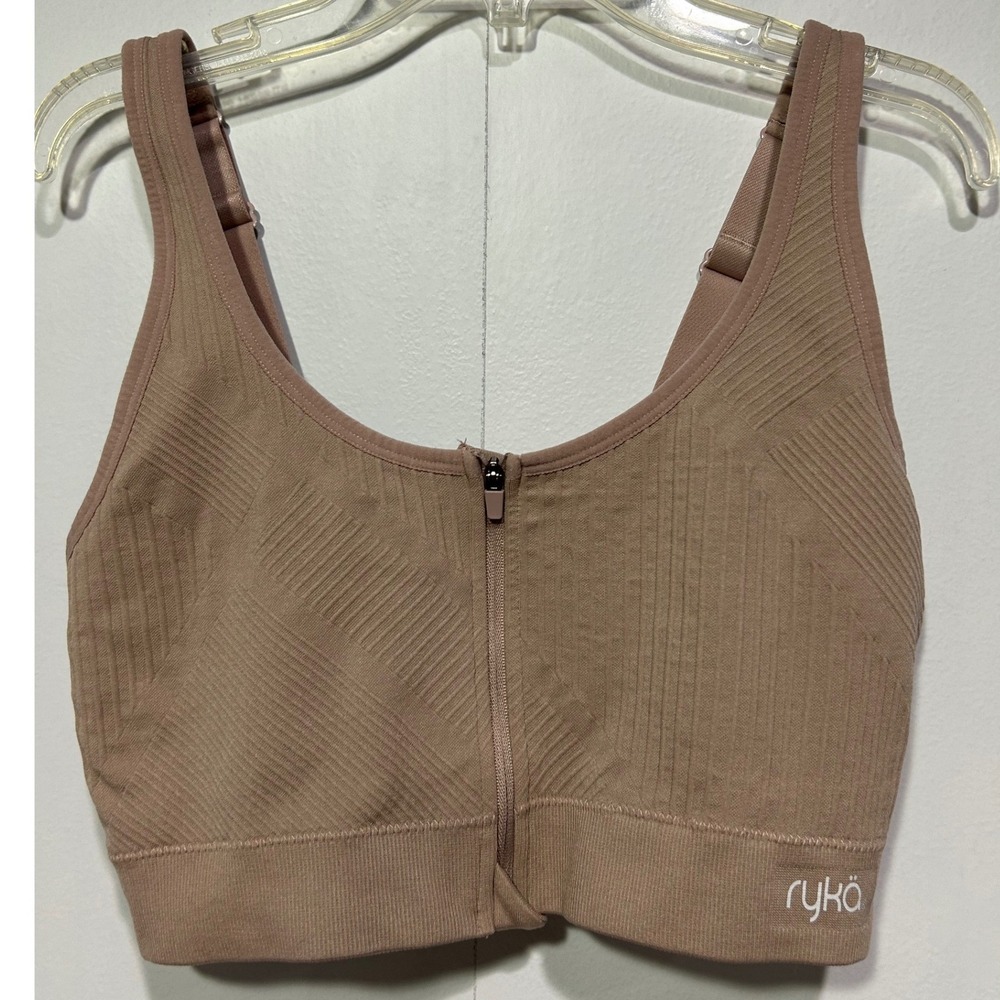 Ryka Front Zip Sports Bra Womens XL Brown Seamless Ribbed Adjustable Strap